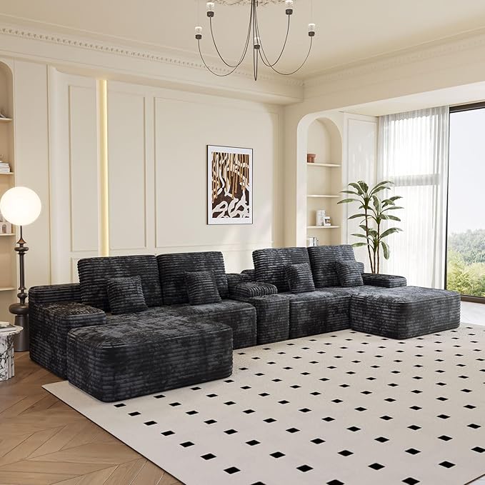 KEIKI 150" U-Shaped Oversized Corduroy Modular Sectional Sofa with 2 Ottomans and Multi Functional Console, 6-Seater Upholstered Couch with USB and 2 Cup Holder, Easy Assembly, for Living Room, Black