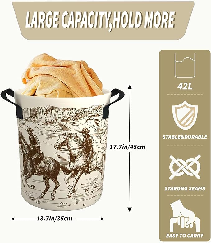 Western Cowboy Desert Riding Cute Kids Laundry Basket Baby Nursery Hamper Western Room Decor Foldable Oxford Cloth Funny Tote Clothes Storage Bucket Toy Organizer For Bedroom, Bathroom Teen Girls Boy