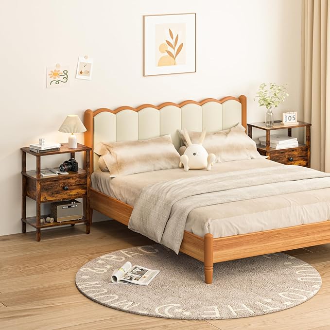 Lerliuo Nightstand with Charging Station and USB Ports, 3-Tier Storage End Table with Drawer Shelf, Night Stand for Small Spaces, Wood Bedside Table for Living Room, Bedroom - Retro Brown…