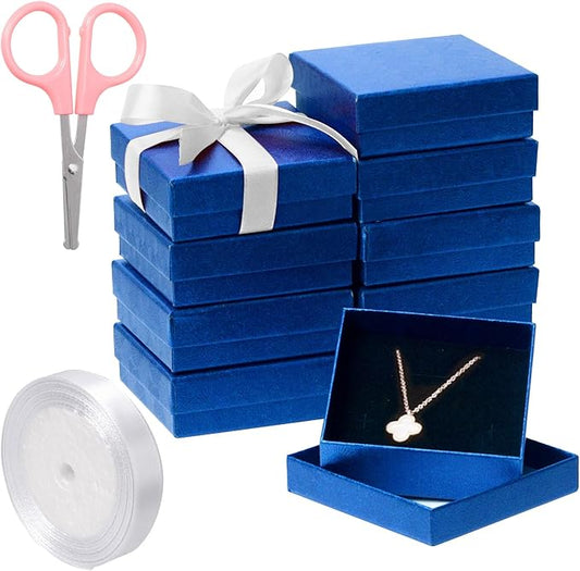 Tanstic 12Pcs Cardboard Jewelry Gift Boxes Kit, 3.5 x 3.5 x 1.2 Inch Navy Blue Gift Boxes Cardboard Jewelry Boxes with 74ft White Ribbon and Scissor for Rings, Necklaces, Earrings, Bracelets