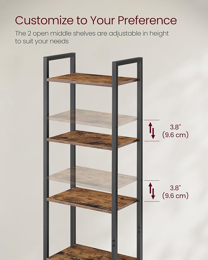 VASAGLE 6-Tier Bookshelf, Tall Bookcase with Cabinet, Steel Frame, Adjustable Shelves, 9.4 x 15.7 x 62.8 Inches, Living Room Bedroom, Rustic Brown and Ink Black ULLS132K01