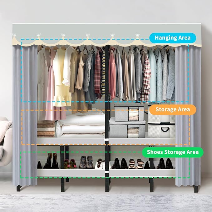 Portable Closet Rack Heavy-Duty Foldable Garment Racks with Cover 1200lbs Enclosed Wardrobe Closet with Independent Area for Hanging Clothes Storaging of Bedding (75in*20in*67in)