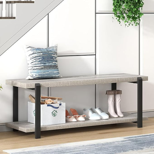FOLUBAN Entryway Bench, Vintage Wood and Metal Shoe Bench for Hallway Front Door Entrance, Farmhouse Indoor Shoe Storage Bench Seat for Bedroom, Living Room, Light Grey, 47 Inch