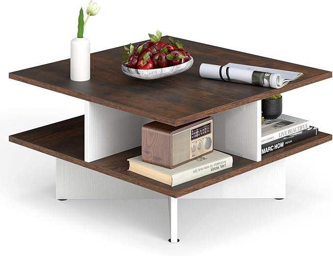 GOFLAME Farmhouse Coffee Table with Storage, 2-Tier Square Center Table with 4 Storage Compartments & X-Shape Base, Modern, Wood Tea Tables for Living Room, Lounge, Rustic Brown + White