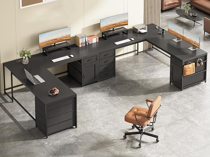 Sedeta SEDETA L Shaped Desk, 63'' Computer Desk with 5 Drawer & Power Outlet,Long Home Office Desk or Corner Desk, L Shaped Corner Desk with Monitor Shelf, Storage Cabinet, Black