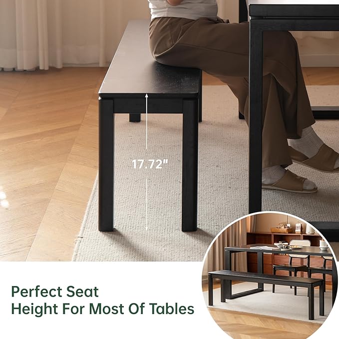 47.2'' 100% Solid Wood Dining Bench, Oak Wood Long Bench for Dining Table, End of Bed, Entryway, Hallway, Sofa Back, Suqare Bench for Dining Room Kitchen Bedroom Living Room, Black