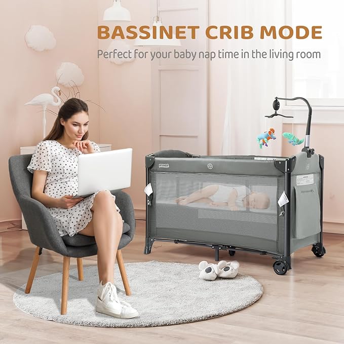 JOYMOR Baby Bassinet, Pack and Play with Bassinet and Carry Bag, Convert to Bedside Sleeper with Toy, Wheels for Boys Girls (Gray)