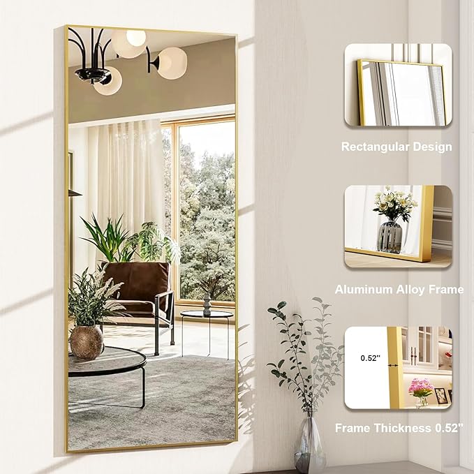 HARRITPURE 21"x56" Full Length Mirror Floor Rectangle Mirrors Aluminum Frame Standing Wall & Leaning Large Dressing Mirror for Living Room Bedroom Cloakroom,Gold