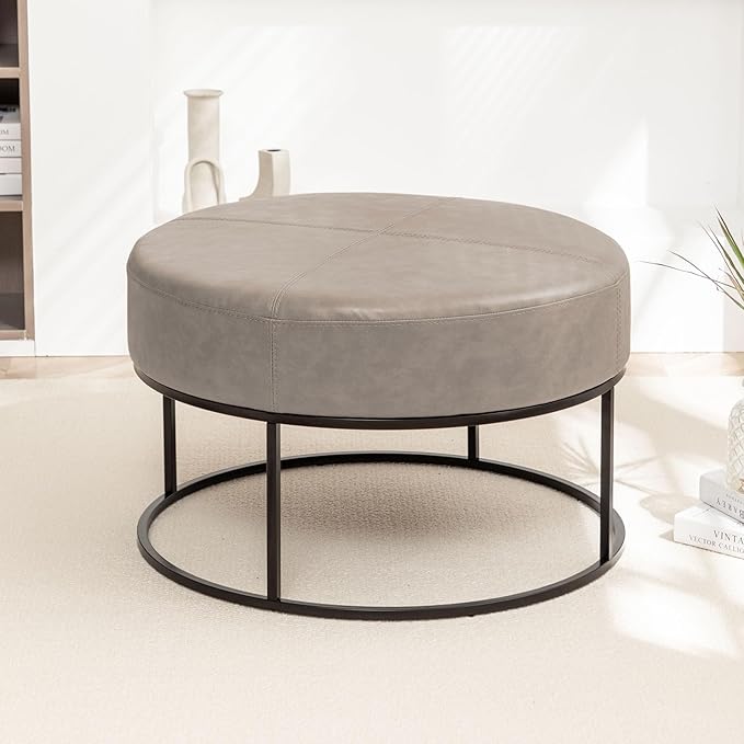 Modern Round Coffee Table, Farmhouse Ottoman Coffee Tables for Living Room, Large Vintage Leather Tables with Leather Upholstered Padded Seat [Round, Taupe, 30'']