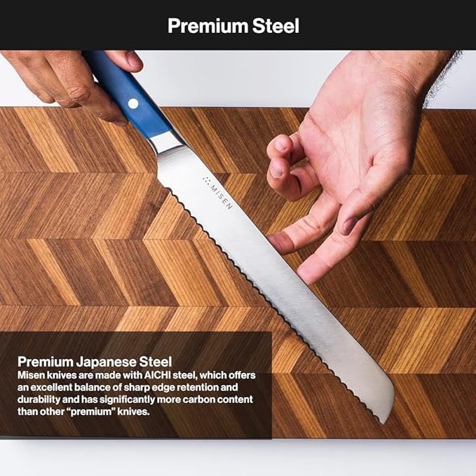 Misen Serrated Bread Knife – High-Carbon Japanese AUS8 Steel – Effortless Slicing of Bread, Pastries, and Fruits – Razor-Sharp Edge and Durable Blade with Ergonomic Handle - 8", Red