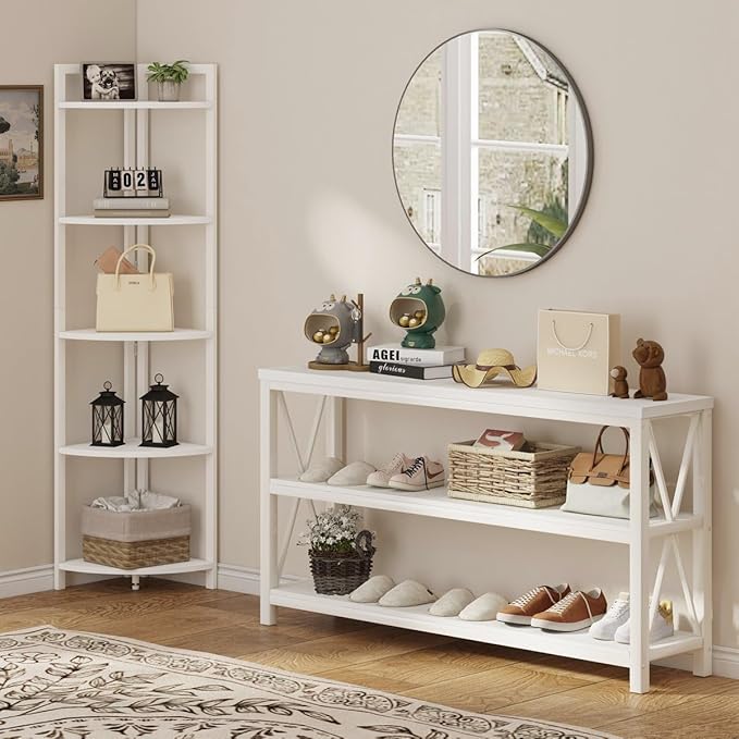 FATORRI Tall Corner Shelf, 5 Tier Modern Corner Bookshelf Stand, Wood and Metal Corner Plant Bookcase for Living Room, Home Office (White Oak)