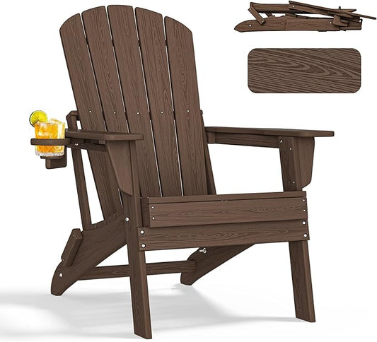 nevilywood Folding Adirondack Chair with Cup Holder, HDPE Patio Chairs, All-Weather Outdoor Chairs for Backyard, Deck, Fire Pit-Coffee