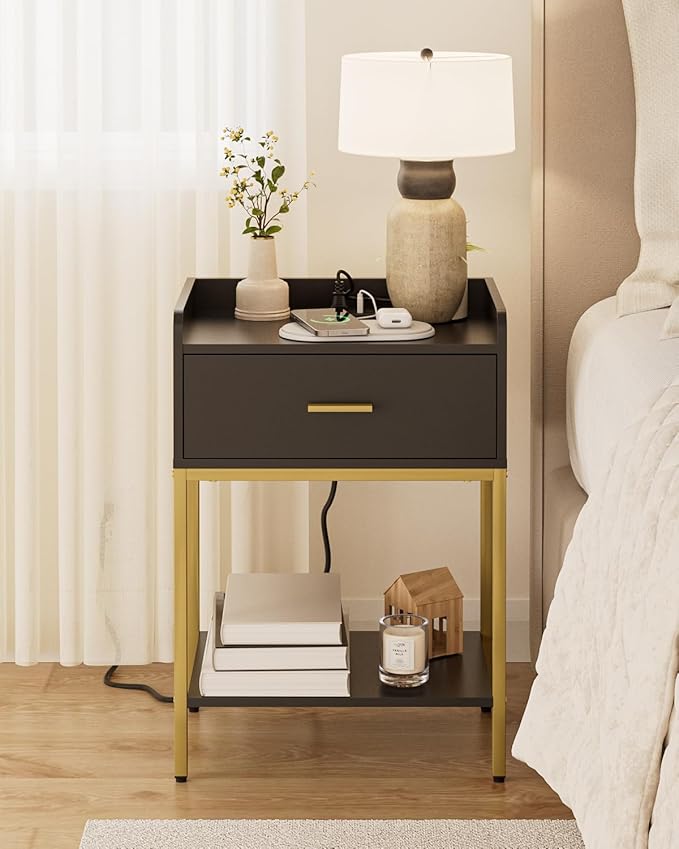 Nightstand with Charging Station,3-Tier Bedside Table for Small Space,Modern Night Stand with Storage Drawer and Shelf,Small Side Table for Bedroom,Living Room,Black