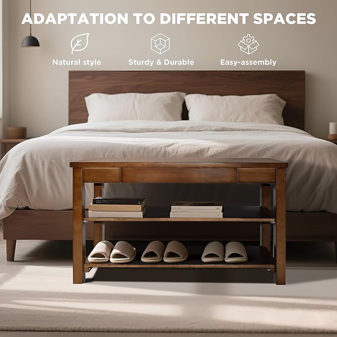 Wood Shoe Bench Entryway with Drawer: 2-Tiers Wooden Storage Shoe Rack with Bench Seat, Compact Mid-Century Modern Design for Entryway, Hallway,Closet,Front Door Entrance,Foyer Walnut 31.5"