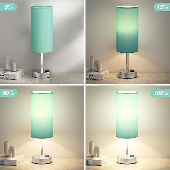 Teal Touch Bedside Lamps for Bedroom - Small Coastal Nightstand Lamp with USB-C and USB A Charging Ports, 3 Way Dimmable Control Table Lamp for Office, Dorm with Fabric Shade Silver Base
