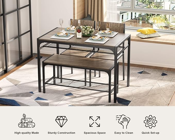 Gizoon Kitchen Table and 2 Chairs for 4 with Bench, 4 Piece Dining Table Set for Small Space, Apartment