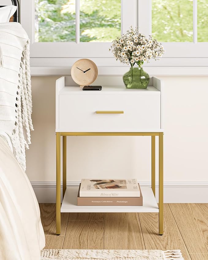 Nightstand,3-Tier Modern Night Stand,Bedside Table with Storage Drawer and Shelf,Small Side Table for Bedroom,Living Room,White