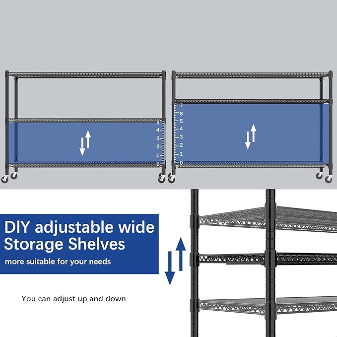 REGILLER 3-Wire Shelf Adjustable Heavy Duty Storage Shelves,Metal Organizer Wire Rack for Laundry Bathroom Kitchen Pantry Closet Garage Shelving with Wheel(Black,24" Dx59.6 Wx47.6 H)