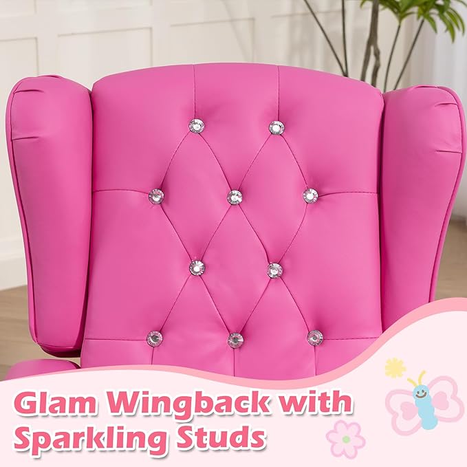 AVAWING Kids Wingback Recliner Chair with Studded Tufted Backrest & Nailhead Trim, PU Leather Kids Chair with Adjustable Backrest and Footrest, for Bedroom or Nursery, Pink