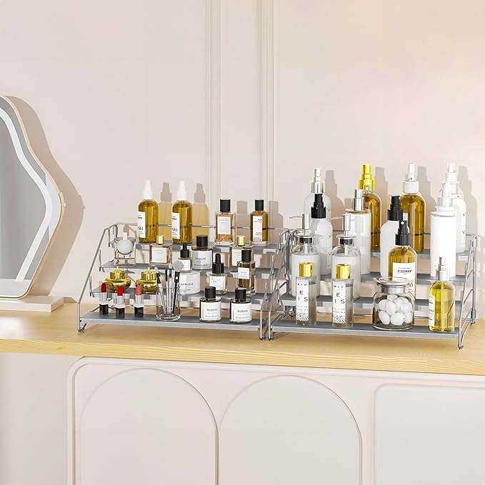 4 Tier Spice Rack Organizer for Cabinet, Spice Rack Organizer, Depth Adjustable Spice Organizer for Cabinet, Countertop, Cupboard, Pantry, Seasoning Shelf, Metal, Gray (2 Pack)