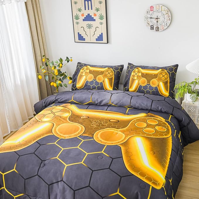 NTBED Gold Game Console Comforter Set Queen for Boys Girls Kids 3D Gaming Geometric Lightweight Microfiber Bedding Sets