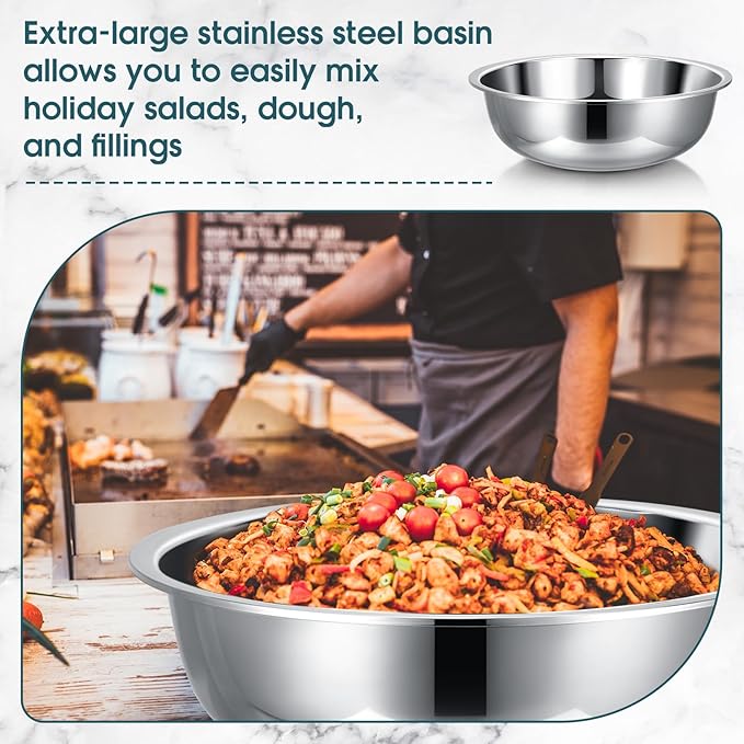 Nuogo 4 Pcs Stainless Steel Mixing Bowls Metal Mixing Bowls Extra Large Basin Salad Basin Deeper Edge Dishwasher Safe Mirror Finish for Home and Commercial, Silver (18 Inch 16 Qt)