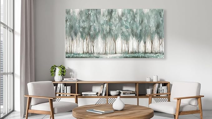 NINEASO Abstract Forest Canvas Wall Art - Grey Teal Foggy Trees Pictures Abstract Misty Woods Wall Decor Modern Botanical Painting Print Artwork for Living Room Bedroom Home Office Decor 29" x 58"