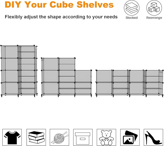 AWTATOS Closet Organizer 8 Cube Storage Shelves Clothes Organizers Stackable Cubby Shelving for Closet Bedroom Living Room Grey