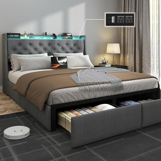 SADENICEL Full Size Bed Frame with Storage Headboard and 2 Drawer, Metal Full Bed Frame Platform with LED Light, Charging Station, No Box Spring Needed, Noise Free, Easy Assembly, Grey