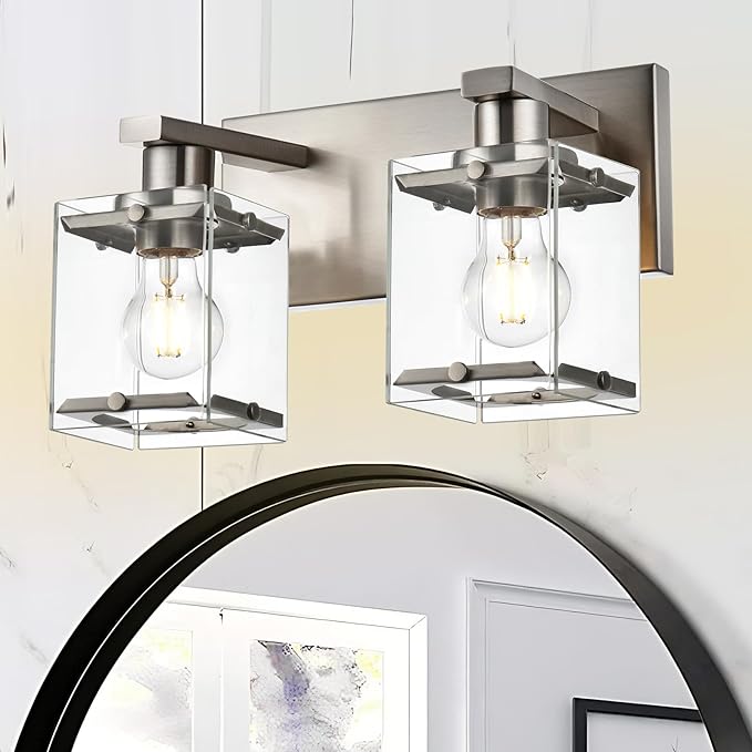 2-Lights Wall Sconce Lighting E26 Bulb Base, Modern Brushed Nickel Bathroom Vanity Light for Over Mirror Bedroom Cabinet, Wall Light Fixtures with Clear Glass Shades
