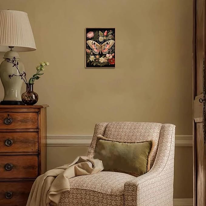 Djmwtb Vintage Framed Wall Art Butterfly Floral Canvas Wall Art Prints Boho Botanical Painting Flower Pictures Artwork for Living Room Bedroom Bathroom Office 12x16in