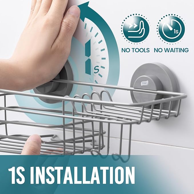 TAILI Shower Caddy Suction Cup with Hooks & Soap holder, Heavy Duty Bathroom Shower Organizer, No Drilling Shower Shelves for Inside bathroom, Metal Black Storage Basket-Grey