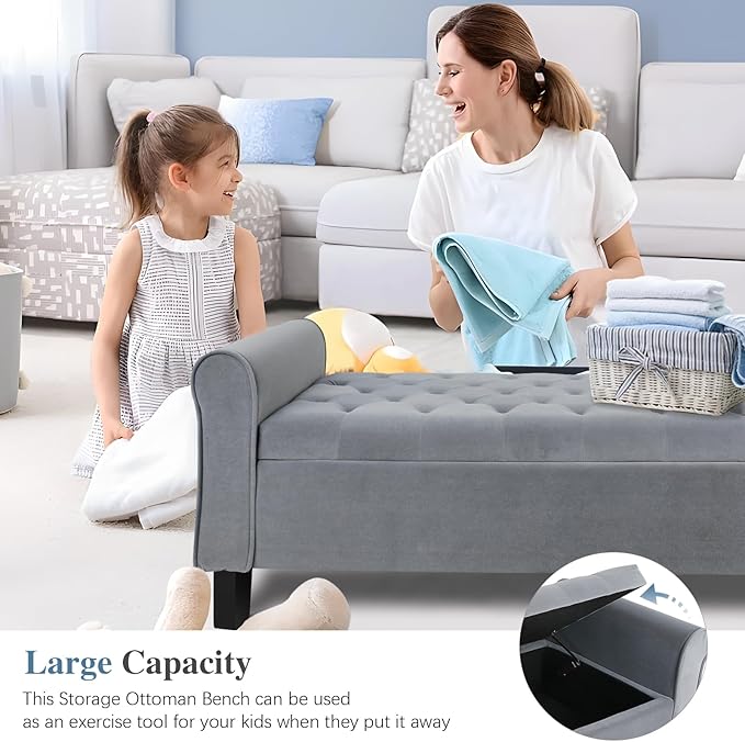 Storage Ottoman Bench with Arms, Velvet End of Bed Bench for Bedroom, Button Tufted Storage Bench for Entryway, Living Room,Hallway, Large Storage Bench Foot Rest (Dark Grey)