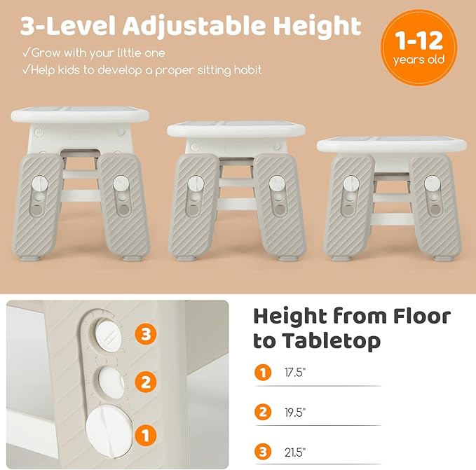 Costzon Kids Table and Chair Set, Graffiti Activity Table w/Flip-Top Tabletop Bookshelf, Erasable Magnetic Drawing Board, Storage, Adjustable Height for Drawing, Toddlers Art Table & Chair (Gray)
