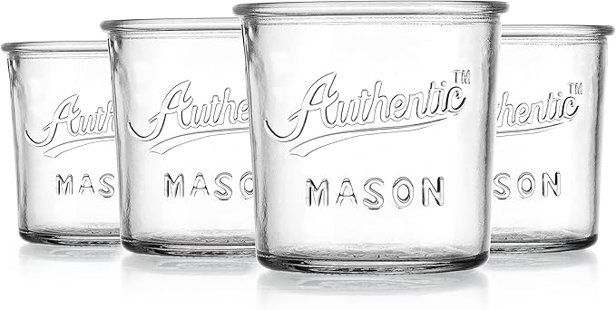 Glaver's Embossed Vintage Drinking Glasses Set of 4 Authentic Mason Vintage Glassware - 12 oz. Clear Glass Tumblers for Cocktails, Water, and Juice.