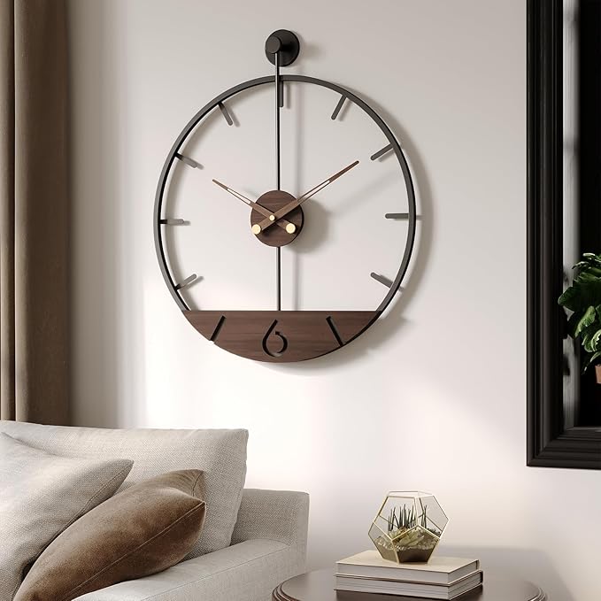 Modern 24 Inch Wall Clock, Minimalist Wood and Metal Wall Decor Clock with Walnut Dial, Silent Non Ticking Battery Operated Clock for Living Room, Kitchen, Office, Bedroom