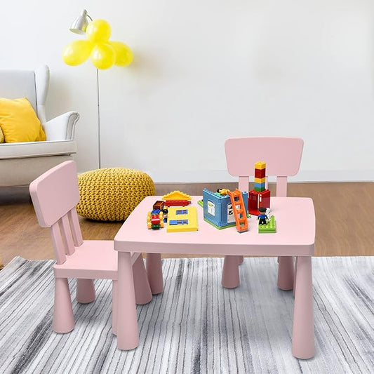 LDAILY Kids Table and Chairs, 3-Piece Children Arts Nursery Furniture for Drawing, Reading, and Painting, Light Weight Plastic Activity Kids Desk and Chair Set for Playroom, Kindergarten (Pink)