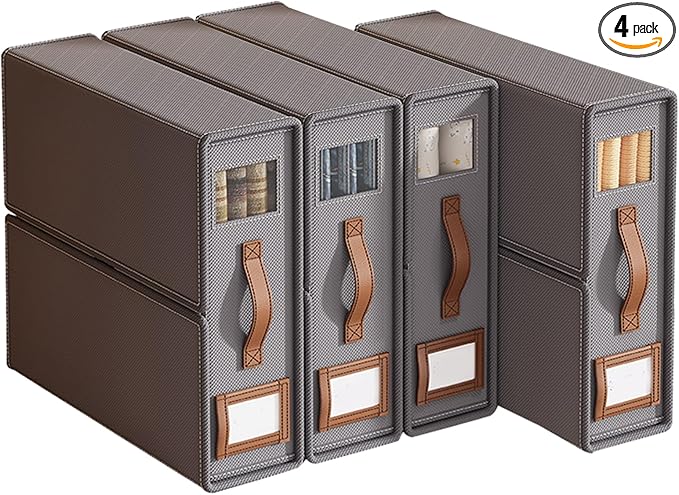 KONGDY 4 Pack Bed Sheet Organizer, Foldable Sheet Storage Box with Window and Label, Bed Sheets Set Organizers for Bedding Sheets, Duvet Covers, Pillow, Blankets Organizer-Grey