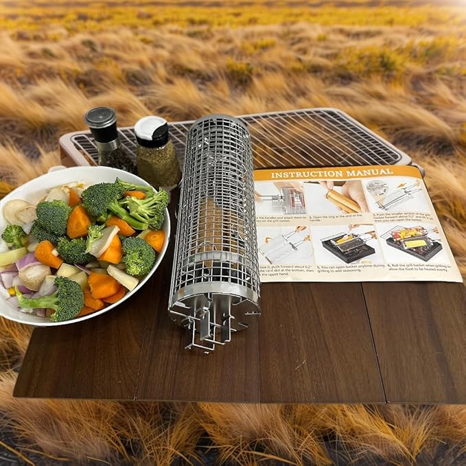 Rolling Grill Basket(2PCS),304 Stainless Steel, BBQ Grill Basket, Wooden Handle,Flip Rolling Cage, BBQ Accessories Tool for Vegetable Shrimp, Outdoor Cooking & Camping BBQ, Ideal Gift for Men, Dad