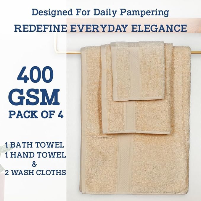 Casa Lino 100% Cotton Bath Towels Set of 4 (1 Bath Towel, 1 Hand Towel & 2 Wash Cloths) - Bathroom Towels and Washcloths Set - Complete Bathroom Set - Guest Room Essentials - (Linen Brown)