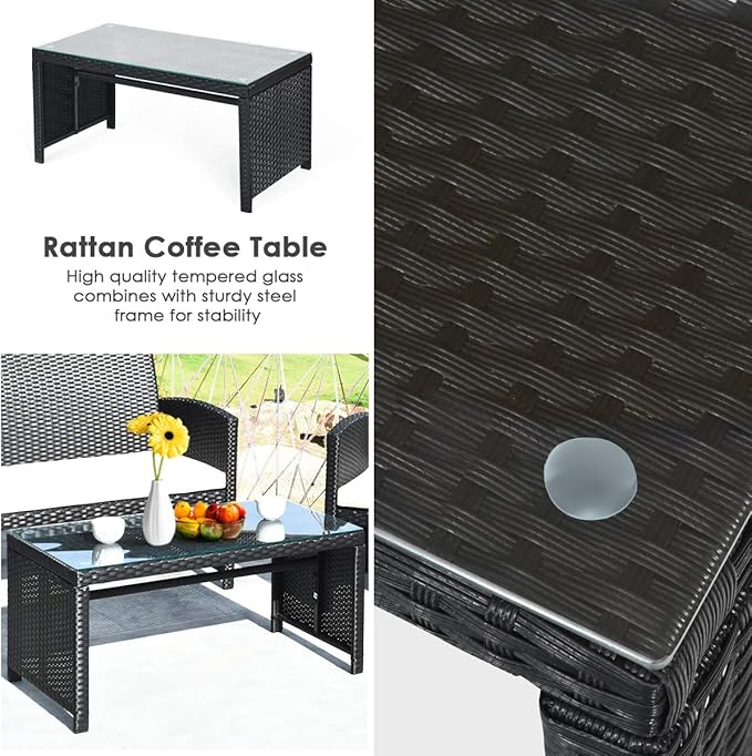 Tangkula Patio Wicker Conversation Furniture Set, Patiojoy Sofa & Table Set w/4 Seats, Outdoor Rattan Sofa Set for Balcony Backyard, Wicker Chair Set with Tempered Glass Coffee Table (1, White)