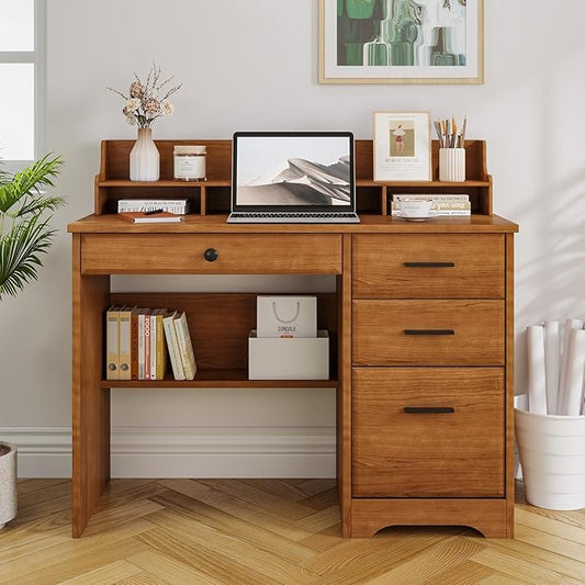 4 EVER WINNER Computer Desk with Drawers for Small Spaces, Home Office Desks with File Cabinet & Monitor Stand, Wood Desk Writing Study Table for Bedroom, Brown