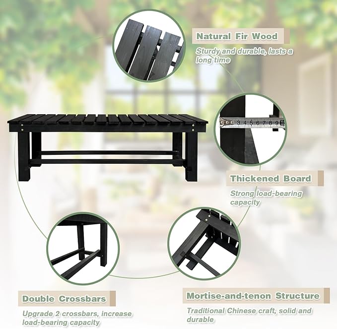 Outdoor Garden Bench, 3-Person Wood Patio Bench Weatherproof Outdoor Backless Bench, Anti-Corrosion and Anti-Rust Garden Benches for Garden Lawn Porch Park Backyard (Black,47.25''/120cm)