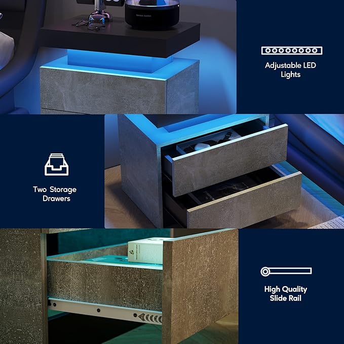 LED Nightstands, Modern End Side Table with 2 Drawers, LED Bedroom Furniture for Bedroom and Living Room, Grey