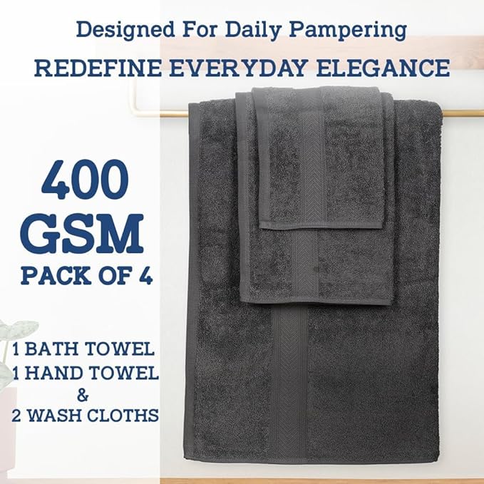Casa Lino 100% Cotton Bath Towels Set of 4 (1 Bath Towel, 1 Hand Towel & 2 Wash Cloths) - Bathroom Towels and Washcloths Set - Complete Bathroom Set - Guest Room Essentials - (Charcoal Black)
