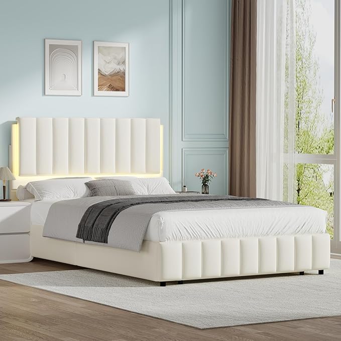 Queen Bed Frame with LED Lights and Headboard, Modern Upholstered Faux Leather Platform Bed with Wooden Slats Support, No Box Spring Needed, Easy Assembly, Cream