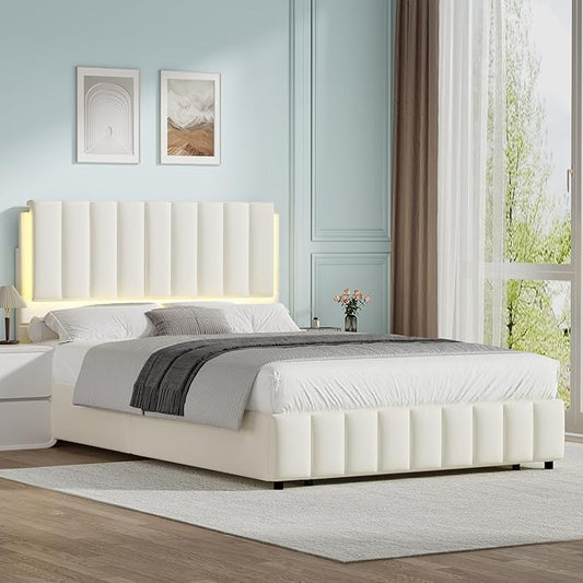 Queen Bed Frame with LED Lights and Headboard, Modern Upholstered Faux Leather Platform Bed with Wooden Slats Support, No Box Spring Needed, Easy Assembly, Cream
