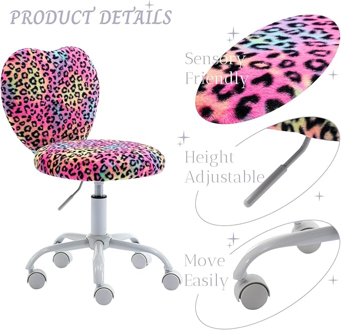 Cute Fuzzy Kids Chair for Teenage Girls Rolling Study Desk Student Chair Furry Computer Task Chair, Adjustable Heart Shaped Reading Vanity Chair for Bedroom, Leopard