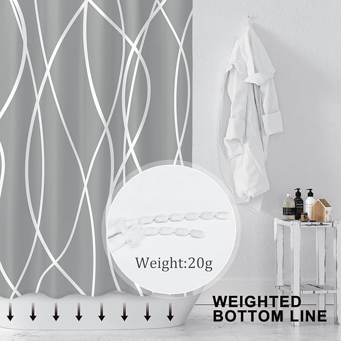 Punkray Dark Grey Shower Curtain for Bathroom with Hooks Shower Curtain Set, White Stripe Bath Curtains Decorative Shower Curtains Water Repellent Washable, 72 x 72