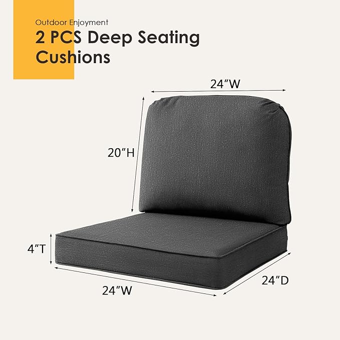 Outdoor Cushions for Patio Furniture Set of 2, 24"x24" Water Repellent Chair Cushions Removable Seat Bottom & Back Cushion Covers for Chair, Sofa, Couch, Charcoal Gray